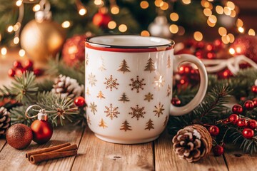 Christmas mug mockup featuring golden snowflakes and Christmas tree designs. Surrounded by holiday decorations, pinecones, and cinnamon sticks, this mockup is perfect for showcasing festive drinkware.