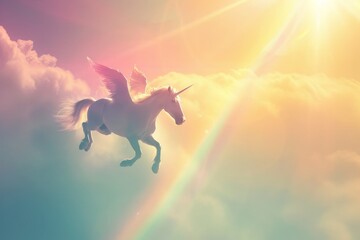 A majestic unicorn leaps gracefully through a vivid sky filled with soft clouds under a radiant sunbeam in a whimsical fantasy landscape
