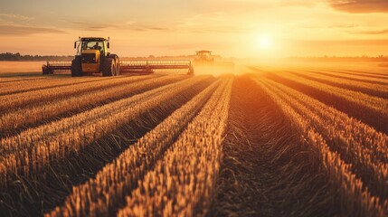 Fototapeta premium Farmers are actively harvesting crops in a large field as the sun sets, with tractors moving through rows of golden crops under a colorful sky
