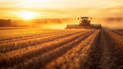 Fototapeta premium Farmers work diligently to harvest wheat in a vast field during sunset, with dust swirling as the sun casts a warm glow on the landscape