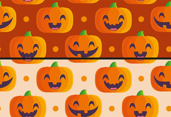 Vector set seamless patterns of pumpkin for Halloween in kawaii style. Cute pumkin pattern in manga style.