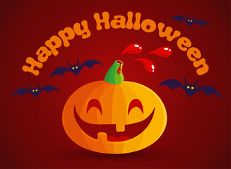 Vector Halloween card of pumpkin with blood drop in kawaii style for Halloween. Cute pumpkin and bats in manga style.