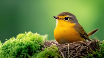Fototapeta premium A small bird sitting in a nest on top of some green grass, AI
