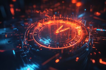 Fototapeta premium Futuristic Clock Face with Glowing Orange and Blue Lights