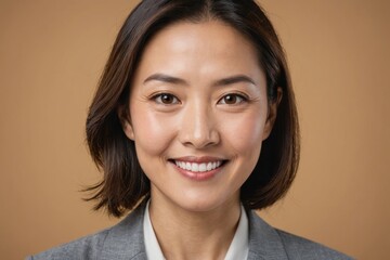 Fototapeta premium Full framed very close face portrait of a smiling 40s asian woman with hazel eyes looking at the camera, studio shot,hazel background.