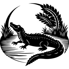 Crocodile Silhouette Sunbathing by the Riverbank black Vector Art