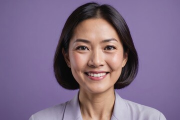 Fototapeta premium Full framed very close face portrait of a smiling 40s asian woman with violet eyes looking at the camera, studio shot,violet background.