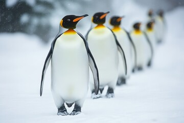 Naklejka premium King penguins marching across snowy landscape during winter a must see tourist attraction