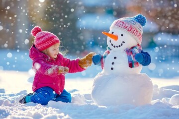 Children enjoy building a snowman and playing in the snow on a sunny winter day outdoors