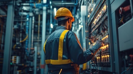Fototapeta premium Electrician Working On Electrical Panel