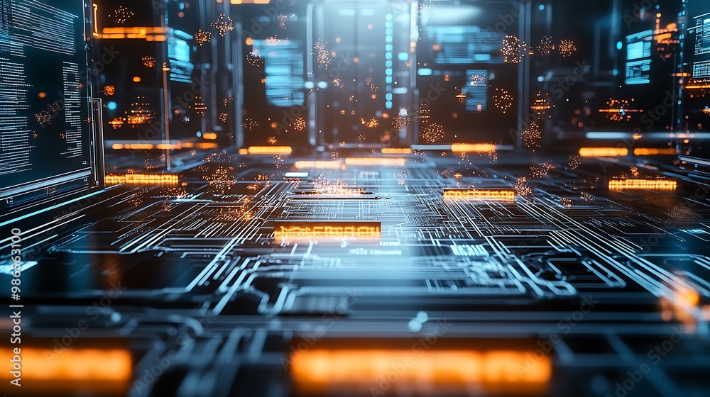 Poster futuristic digital landscape with glowing circuit boards and data streams.