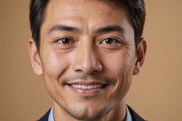 Obraz premium Full framed very close face portrait of a smiling 40s japanese man with hazel eyes looking at the camera, studio shot,hazel background.