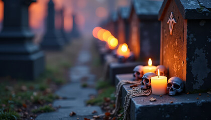 Spooky halloween cemetery scene with skulls, glowing orange candles, and creepy spiders on gravestones on dark blue grey foggy night and misty haunted eerie atmosphere.