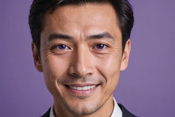 Obraz premium Full framed very close face portrait of a smiling 40s japanese man with violet eyes looking at the camera, studio shot,violet background.