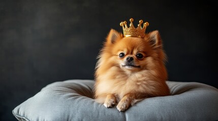Obraz premium This fluffy Pomeranian exudes royal charm as it sits comfortably on a plush pillow throne, perfectly adorned with a playful crown in a serene atmosphere