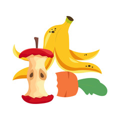 Rotten food scraps including banana peels apple core and carrot piece on white background compostable organic waste © Yusra