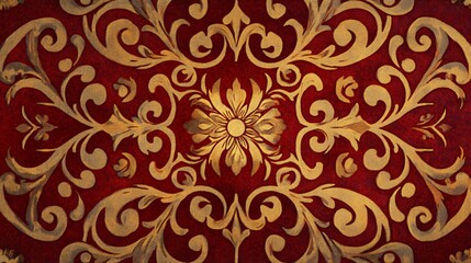 Red fabric with a gold floral pattern.