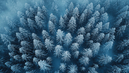 Drone photo of snow covered evergreen trees after a winter blizzard 
