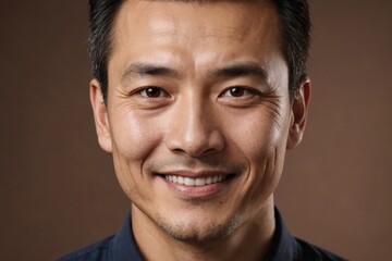 Obraz premium Full framed very close face portrait of a smiling 40s chinese man with brown eyes looking at the camera, studio shot,brown background.