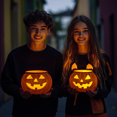 Fototapeta premium Halloween Scene of Caucasian Friends with Glowing Cauldrons and Bats in Neighborhood 
