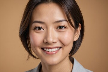 Fototapeta premium Full framed very close face portrait of a smiling 40s chinese woman with hazel eyes looking at the camera, studio shot,hazel background.