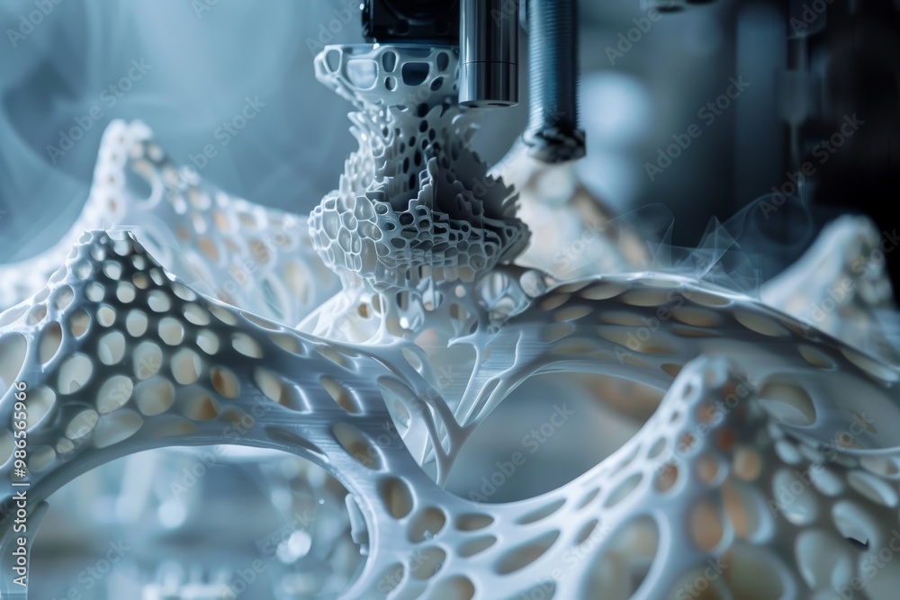 Poster 3D printing process of intricate lattice structures in a technology lab during a bright afternoon, showcasing innovative design and engineering techniques