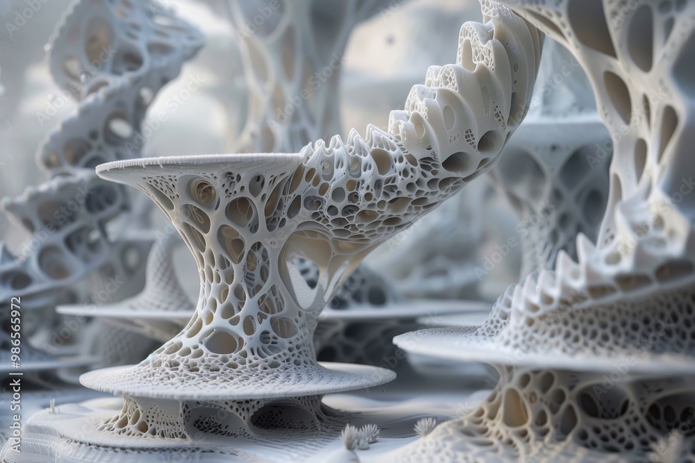 Poster 3D printing process of intricate lattice structures in a technology lab during a bright afternoon, showcasing innovative design and engineering techniques