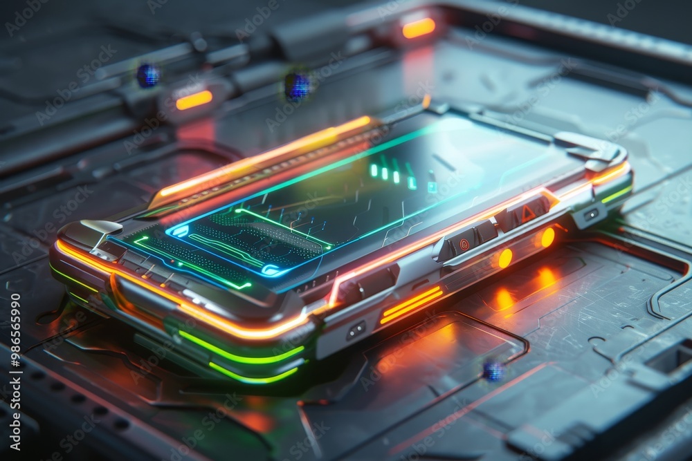 Aufkleber A futuristic smartphone displaying vibrant holographic graphics on a dark circuit board background, showcasing advanced technology and design elements in a visually striking composition