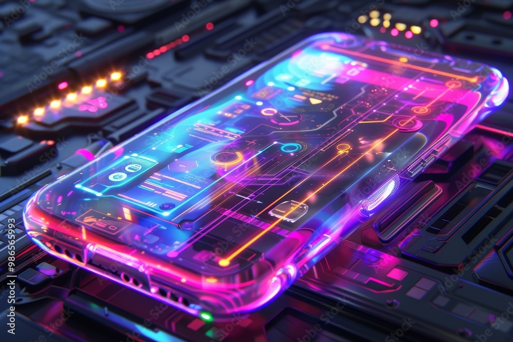 Aufkleber A futuristic smartphone displaying vibrant holographic graphics on a dark circuit board background, showcasing advanced technology and design elements in a visually striking composition
