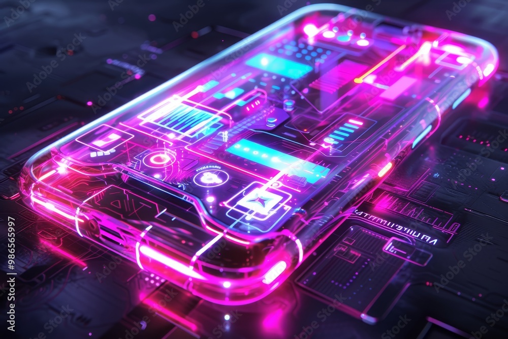 Aufkleber A futuristic smartphone displaying vibrant holographic graphics on a dark circuit board background, showcasing advanced technology and design elements in a visually striking composition