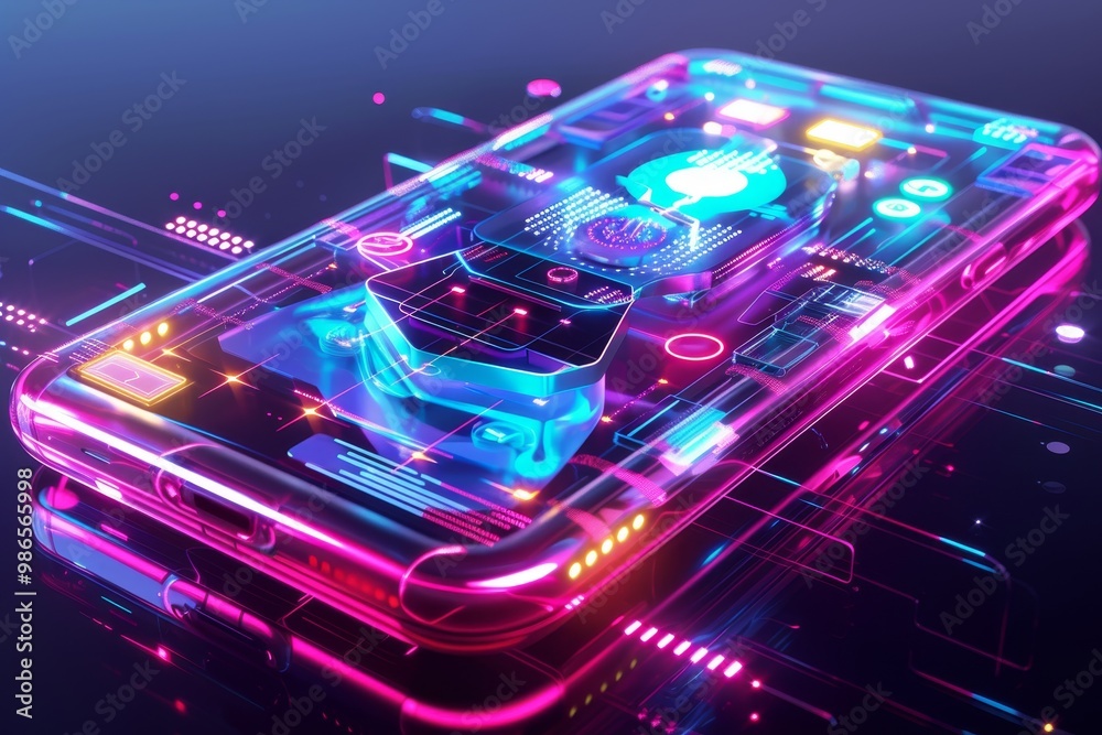 Aufkleber A futuristic smartphone displaying vibrant holographic graphics on a dark circuit board background, showcasing advanced technology and design elements in a visually striking composition