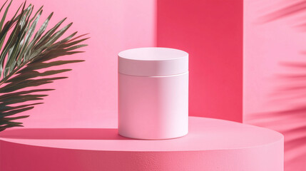 blank label white jar on pink color block background minimalist backdrop sunlight shadows product photography branding skincare cosmetics brand marketing