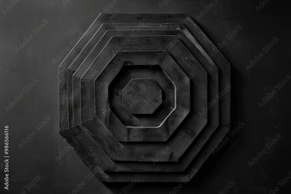 Poster A close-up view of a hollow hexagonal structure revealing concentric hexagons in a modern urban setting, showcasing industrial design and geometric patterns in black and white