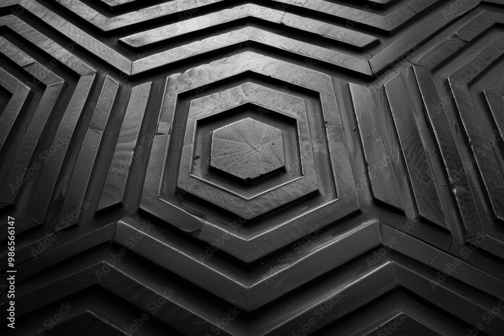 Poster A close-up view of a hollow hexagonal structure revealing concentric hexagons in a modern urban setting, showcasing industrial design and geometric patterns in black and white