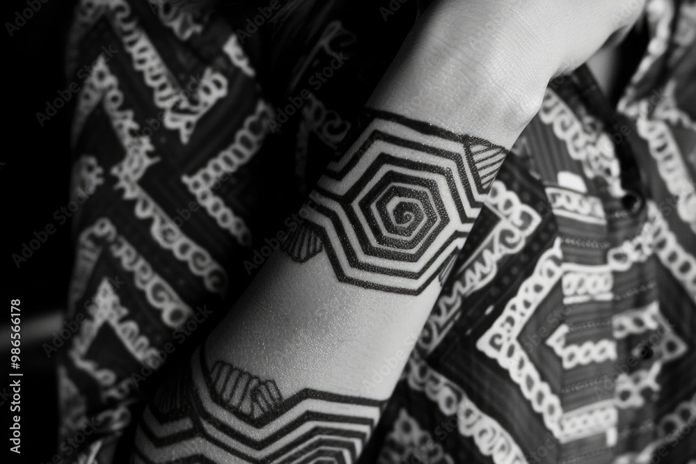 Leinwandbilder A close-up view of a hollow hexagonal structure revealing concentric hexagons in a modern urban setting, showcasing industrial design and geometric patterns in black and white