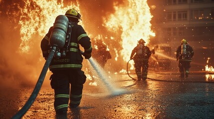 Fototapeta premium A team of firefighters works diligently to combat a large fire in the city. Equipped with hoses and protective gear, they aim to control the flames