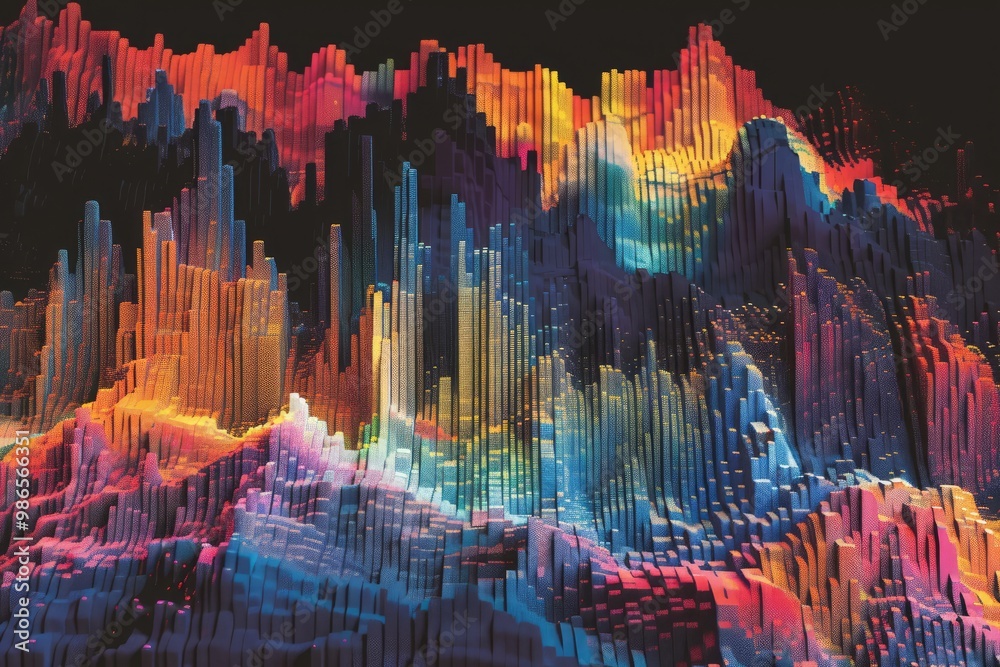 Aufkleber A vibrant digital landscape featuring colorful sound waves and abstract patterns in a blend of blue, orange, and red tones against a dark background