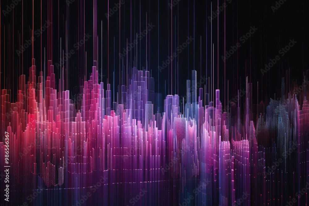 Poster a vibrant digital landscape featuring colorful sound waves and abstract patterns in a blend of blue,