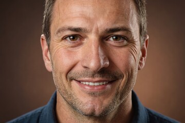 Obraz premium Full framed very close face portrait of a smiling 40s caucasian man with brown eyes looking at the camera, studio shot,brown background.