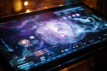 A high-tech futuristic display showcasing advanced data visualization and analytics in a modern control room during nighttime