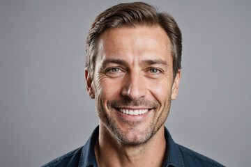 Full framed very close face portrait of a smiling 40s caucasian man with gray eyes looking at the camera, studio shot,gray background.