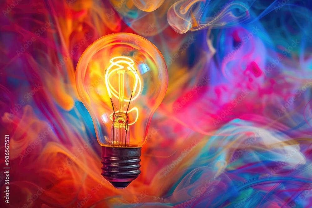 Fototapete A vivid swirl of colors surrounding a glowing vintage light bulb on a canvas, showcasing the harmony of art and illumination in an abstract style