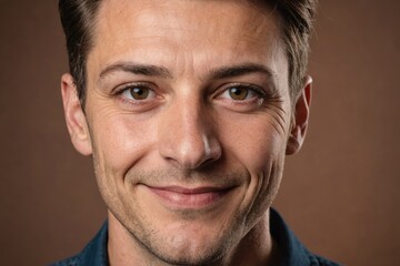 Fototapeta premium Full framed very close face portrait of a smiling 40s caucasian non binary with brown eyes looking at the camera, studio shot,brown background.