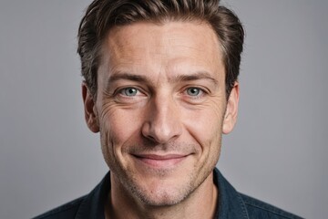 Fototapeta premium Full framed very close face portrait of a smiling 40s caucasian non binary with gray eyes looking at the camera, studio shot,gray background.