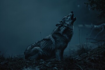 A gray wolf howls under the moonlight in a misty forest at night, creating an eerie atmosphere full of wilderness sounds and nature's beauty