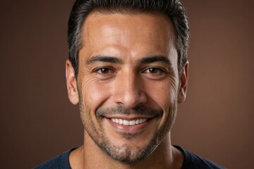 Obraz premium Full framed very close face portrait of a smiling 40s hispanic man with brown eyes looking at the camera, studio shot,brown background.