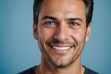 Obraz premium Full framed very close face portrait of a smiling 40s hispanic man with blue eyes looking at the camera, studio shot,blue background.