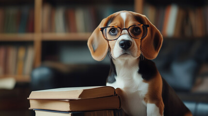 Intelligent Beagle Puppy Posing in Glasses and Books in Cozy Bookstore Vibes