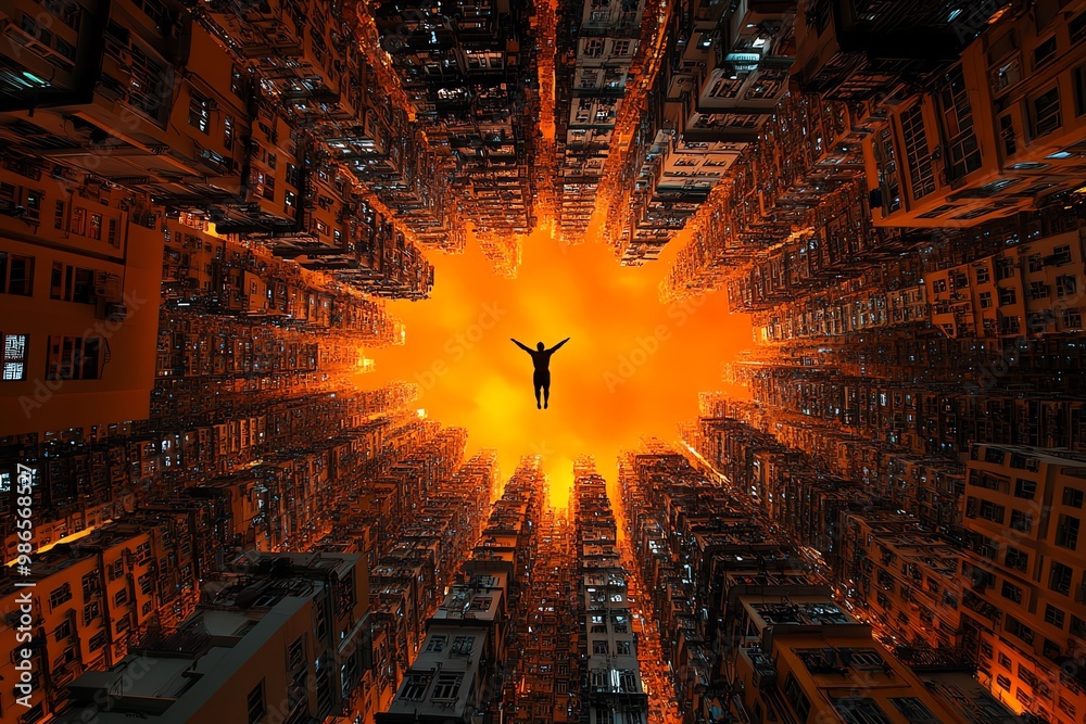 Poster morpheus floating above an orange-hued city of dreams, the light reflecting off every building in vi