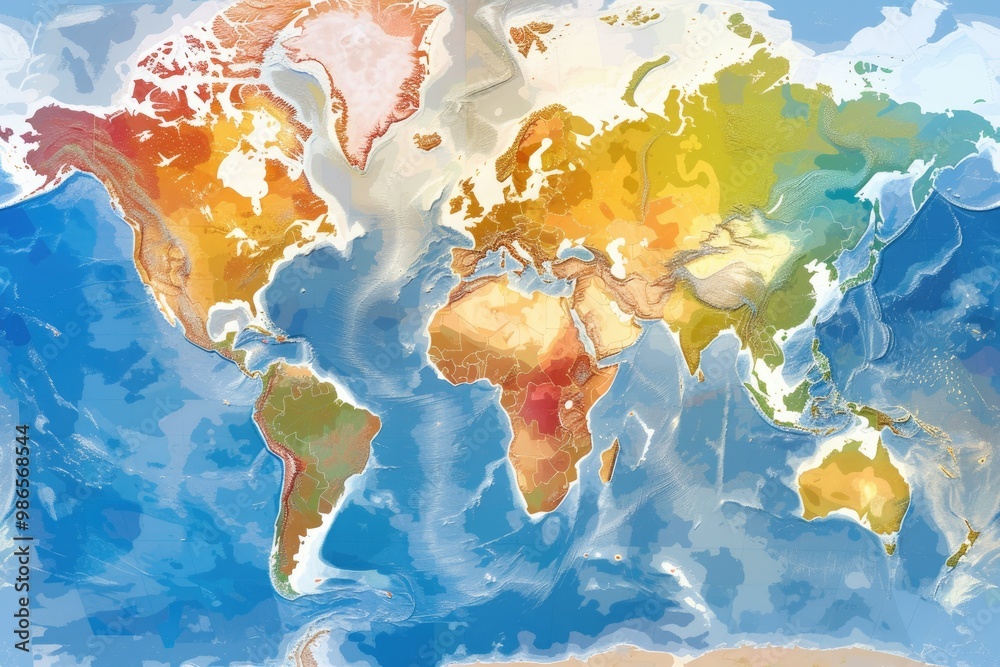 Aufkleber a colorful world map illustrating geographical features and landscapes, with varying hues representi